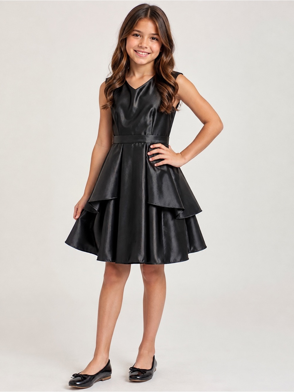 Girls' Black Satin Tiered Special Occasion Dress